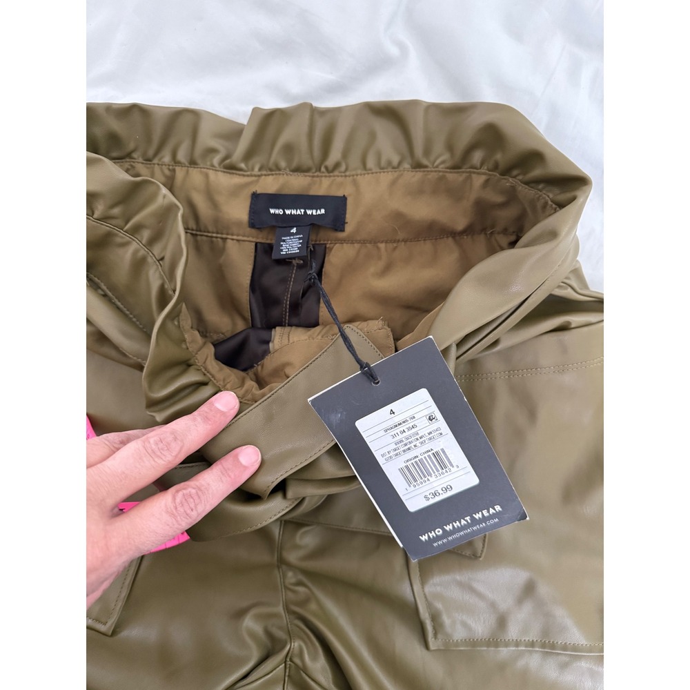 Who What Wear Olive Faux Leather Paperbag Pants Size 4 Utility Quiet Luxury - Picture 4 of 6